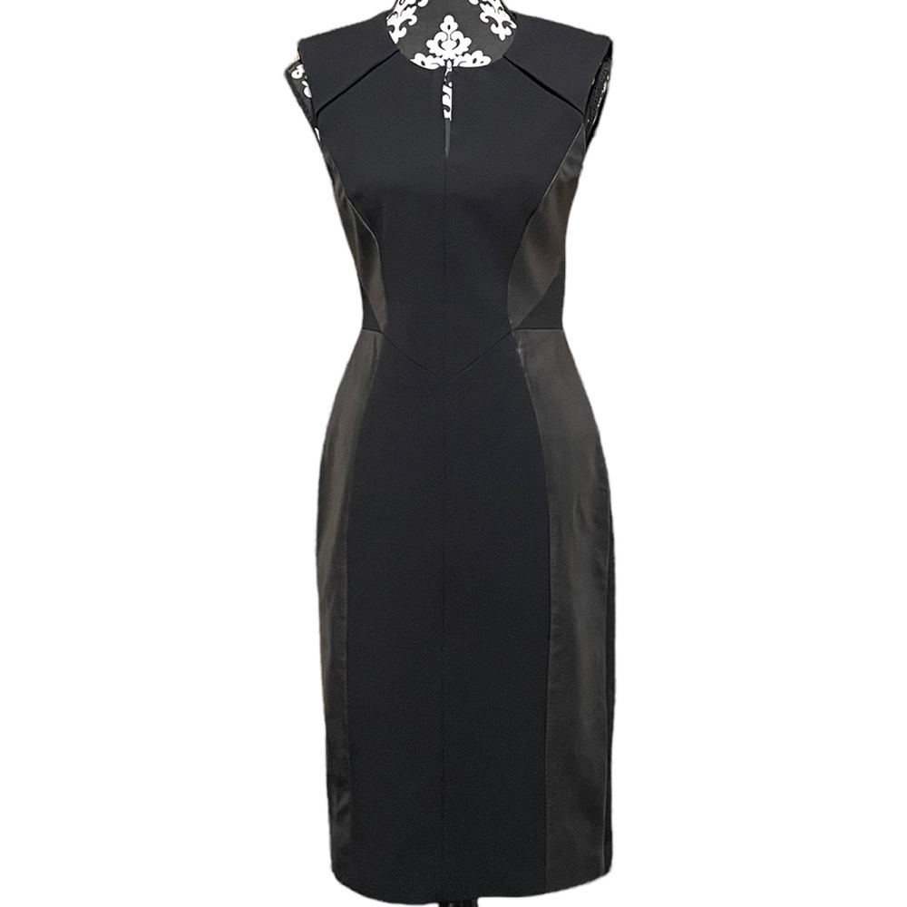 J Mendel Black Leather Panel Black Sleeveless Sheath Dress Sz 8